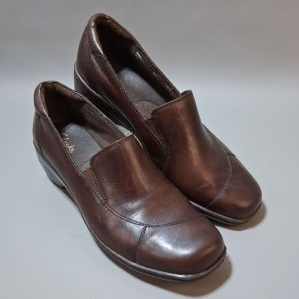 Clarks Brown Leather Slip On Loafers Size 10M Comfort Low Wedge Shoes 88803 - Picture 7 of 7